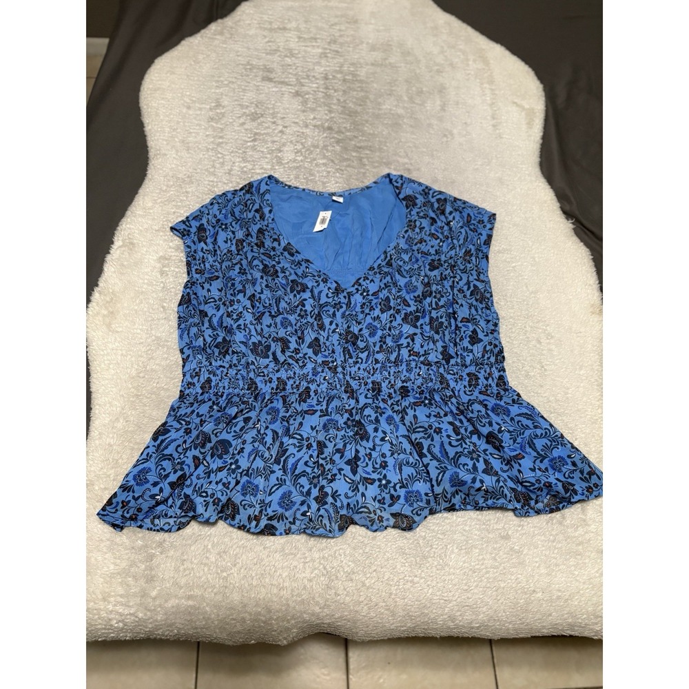 Old Navy Womens Plus Size 2X Blue Floral Peplum Top Smocked Waist Blouse New